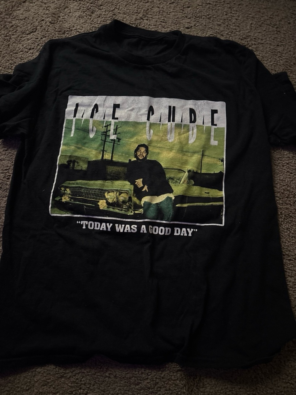 Black Graphic Tee with Green Photo Print - 'Today Was A Good Day'